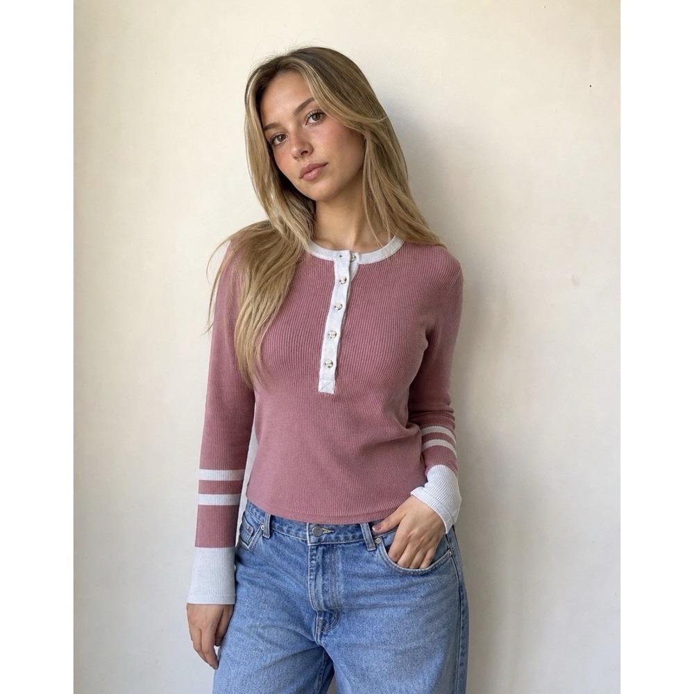 Faherty Mikki Organic Cotton & Cashmere Ribbed Henley Sweater Women's Sz M Mauve
